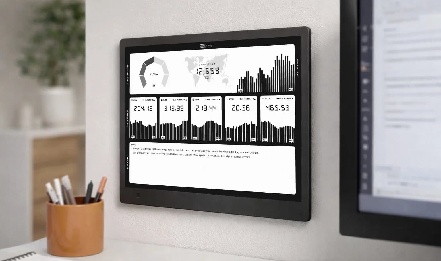 IntelSlate dashboard on a wall-mounted e-ink screen, showing stock prices, charts and an AI news summary